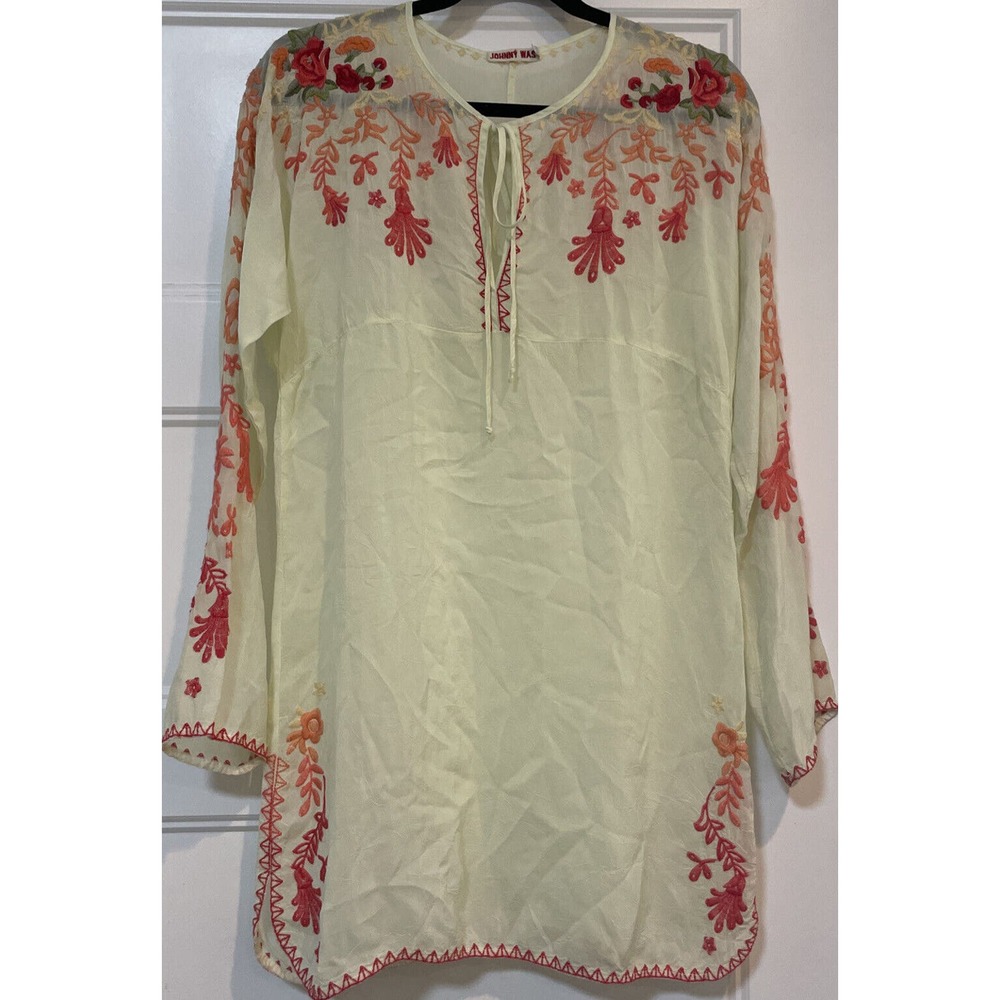 Johnny Was Womens Embroidered Tunic Top Flowers Pale Yellow Size Small